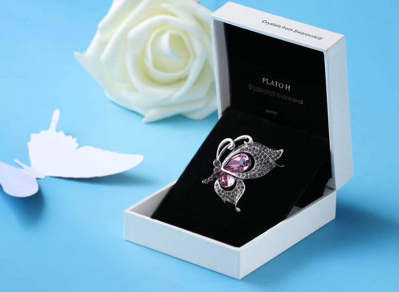 [Australia] - PLATO H Butterfly Pins Brooch Crystals from Swarovski for Women with Exquisite Unique Gift Box Dainty Jewelry Anniversary Unique Gift for Mother's Day Cute pink 