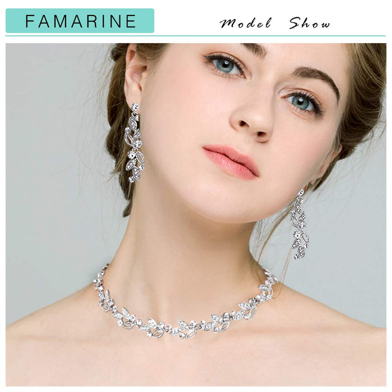 [Australia] - FAMARINE Silver Bridal Jewelry Set, Clear Crystal Wedding Drop Earringsnd Necklace for Bride Bridesmaid 