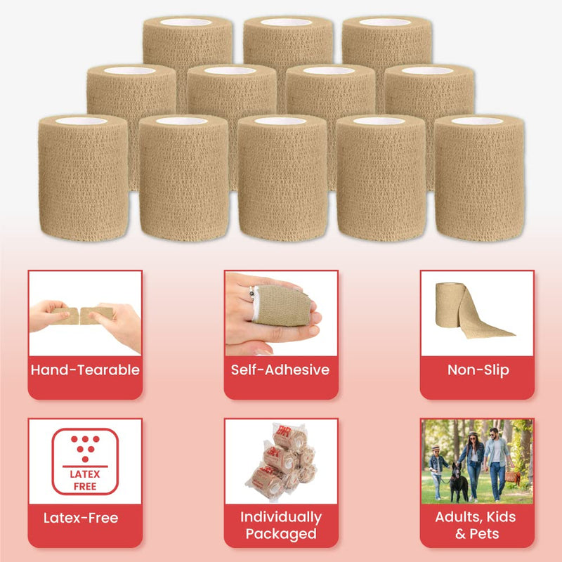 [Australia] - Ever Ready First Aid Self Adherent Cohesive Bandages 3" x 5 Yards - 12 Count, Tan 