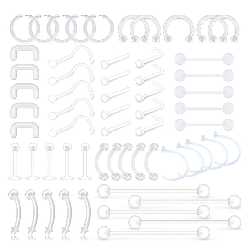 [Australia] - MODRSA Mix Set Clear Piercing Retainers Septum Retainer Nose Studs Flexible Lip Ear Nose Tongue Rings Nipplering Cartilage Rook Daith Earrings Horseshoe Plastic Industrial Piercing Retainer for Work A: clear retainer set 