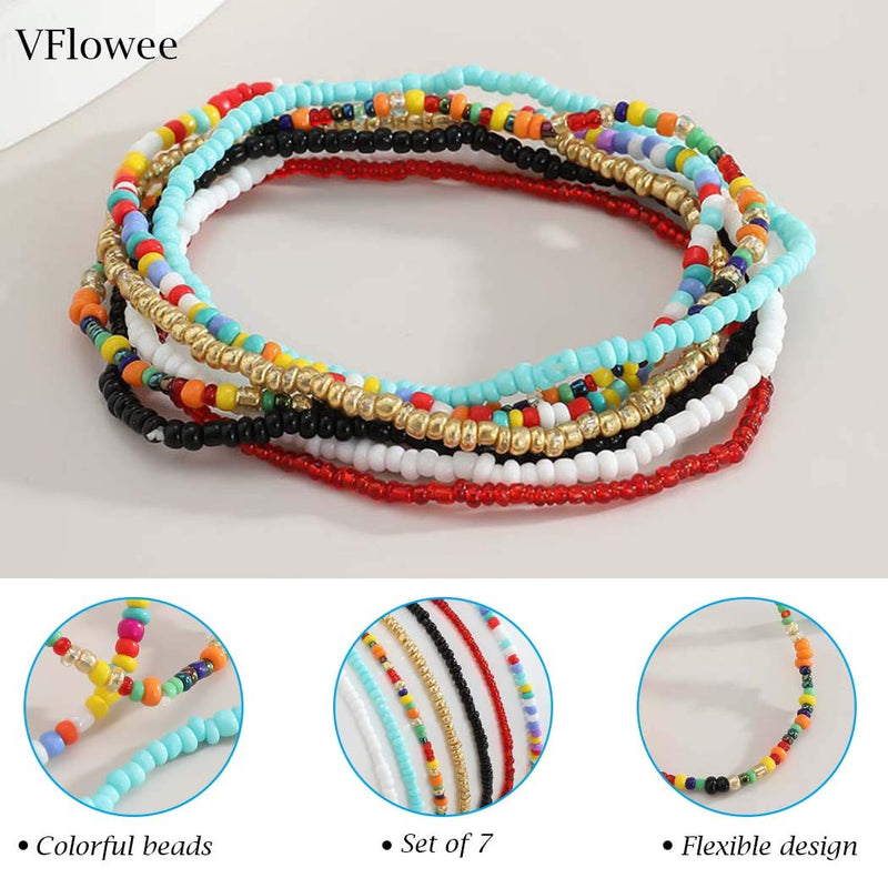 [Australia] - Women Boho Beads Anklets Colorful Stretch Rainbow Ankle Bracelets Beaded Bracelet Elastic Foot and Hand Chain Jewelry (7PCS) 