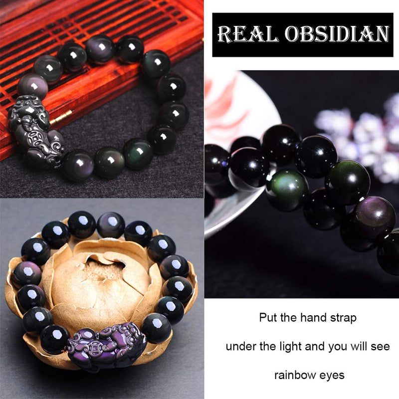 [Australia] - LIYAPEI Black Obsidian Bracelet, 12mm Feng Shui Black Obsidian Wealth Bracelet for Men Women Attract Wealth Money Adjustable Elastic Natural Obsidian Stone Bead Bracelet 