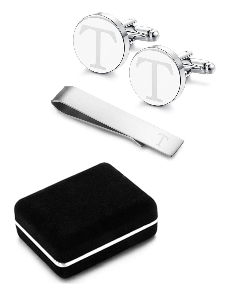 [Australia] - LOYALLOOK Stainless Steel Engraved Initial Cufflinks and Tie Clip Bar Set Alphabet Letter with Gift Box A-Z T 