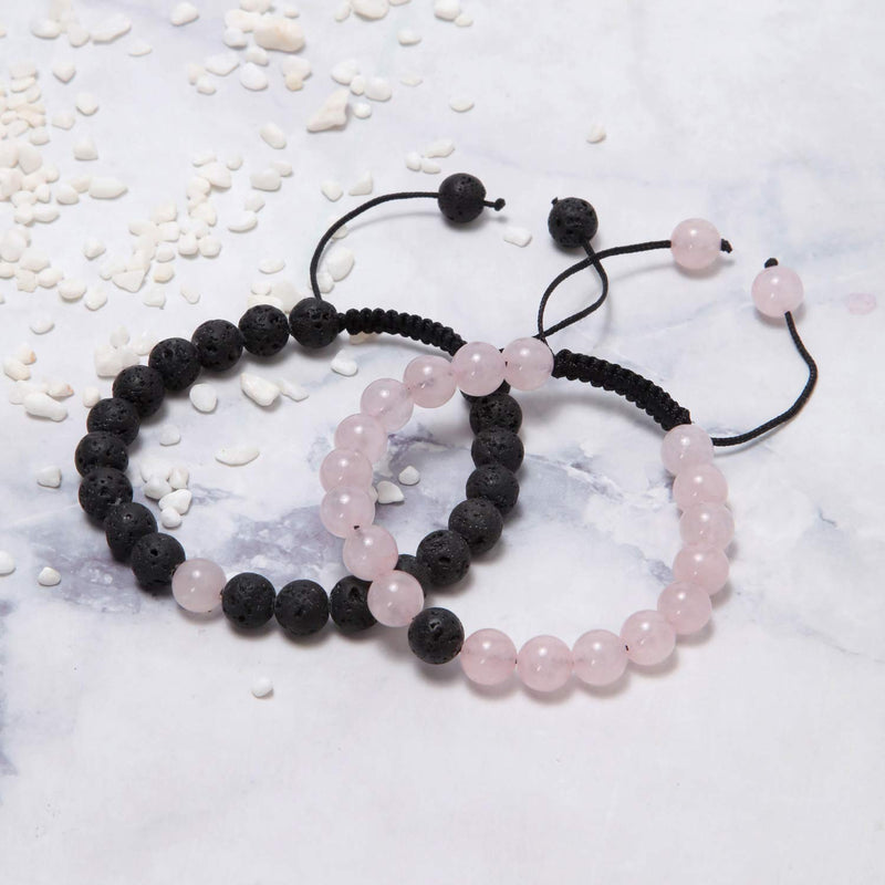 [Australia] - Matching Couples Distance Bracelets | Relationship Bracelets: Long Distance Relationship Gifts | Adjustable Stone Bond Bracelets, His And Hers Touch Bracelet Set With Gift Pouch Black Lava and Rose Quartz 
