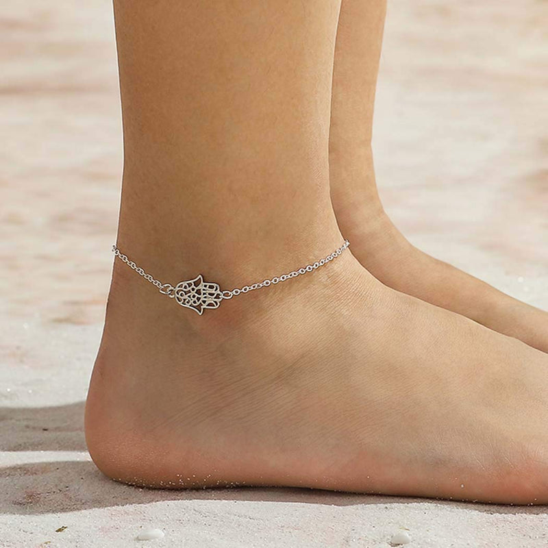 [Australia] - Adflyco Boho Anklets Silver Hand of Fatima Anklet Bracelets Beach Foot Jewelry Adjustable for Women and Girls 
