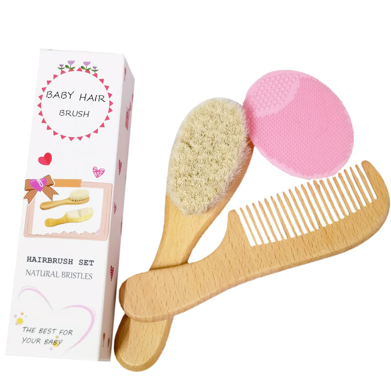 [Australia] - Mocarheri 3 Piece Baby Hair Brush & Comb Set, Goat Bristles Brush and Silicone Hair Massage Brush for Cradle Cap Treatment Wood Bristle Brush for Newborns and Toddlers 