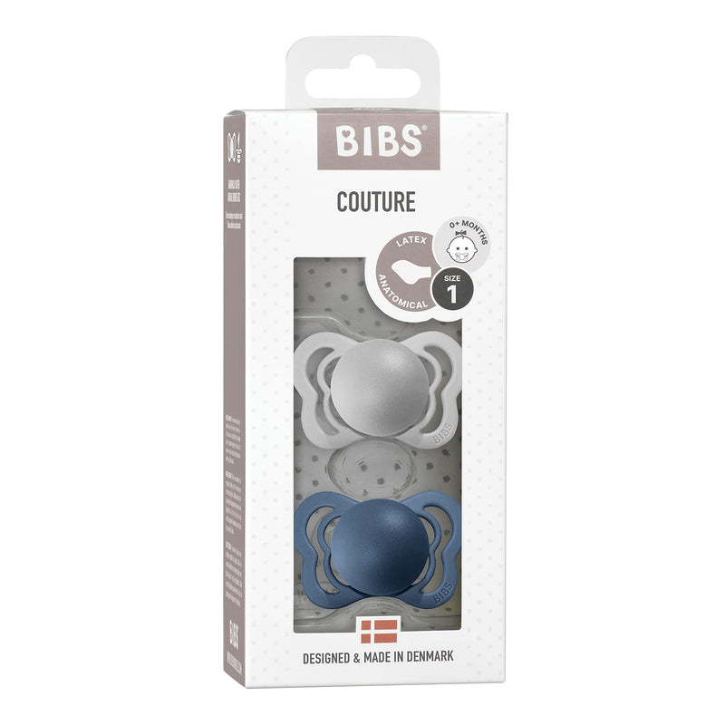 [Australia] - BIBS Couture Soother 2-Pack, BPA Free Dummy Pacifier, Anatomical Nipple. Natural Rubber Latex, Size 1 (0-6 Months), Cloud / Steel Blue Size 1 (Pack of 2) 