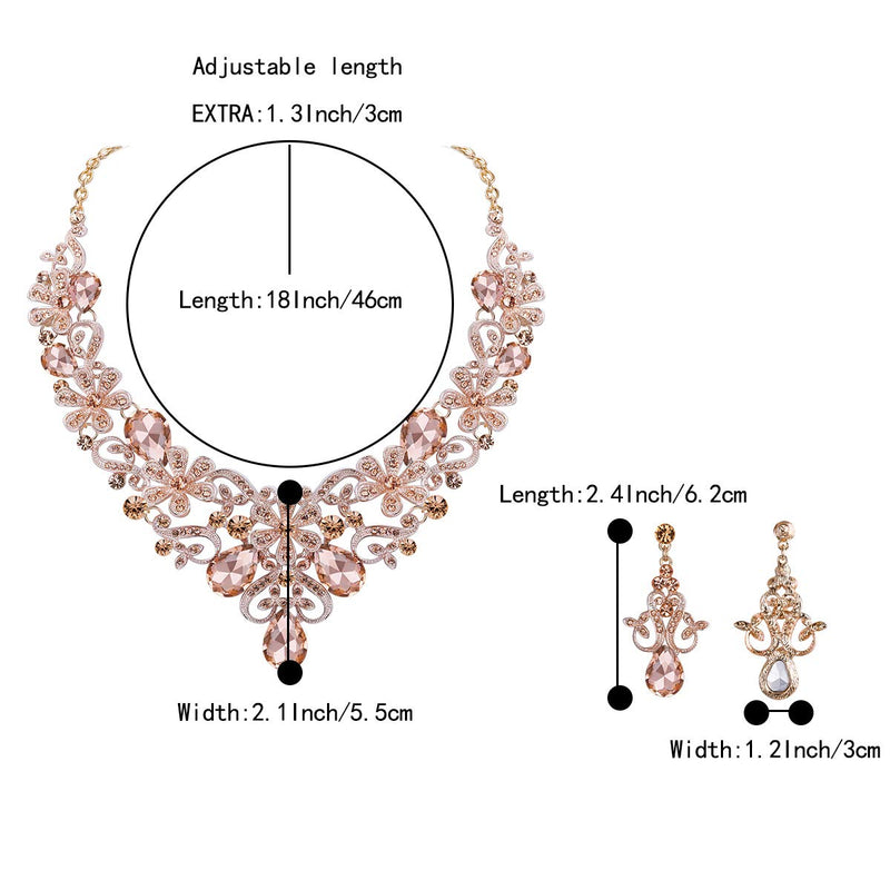 [Australia] - BriLove Women's Costume Elegant Crystal Flower Scroll Teardrop Statement Necklace Dangle Earrings Set Peach Rose-Gold-Tone 