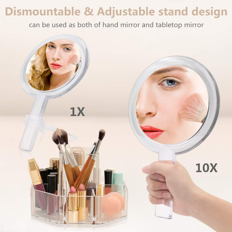 [Australia] - Gotofine 1X & 10X Magnifying Double Side Hand Makeup Mirror with Stand, Handheld Vanity Mirror, Clear 