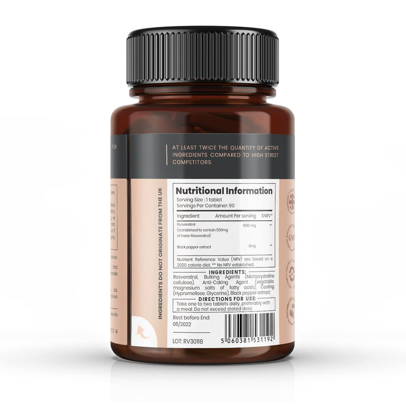[Australia] - 1000mg Resveratrol x 90 Tablets (3 Months’ Supply). 10 x Strength w/ Black Pepper Extract 