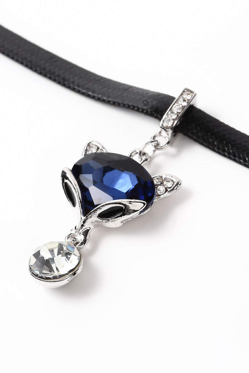 [Australia] - EMONJAY Black Leather Rope Choker Necklace Blue Fox Clavicle Chain Classic Lucky Animal Pendant 