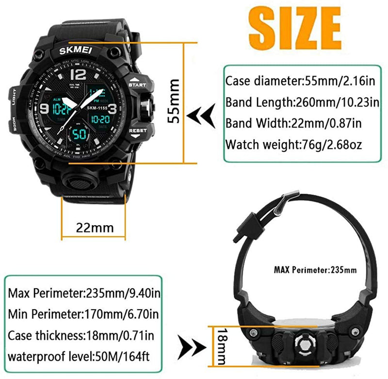 [Australia] - LYMFHCH Men's Analog Sports Watch, LED Military Digital Watch Electronic Stopwatch Large Dual Dial Time Outdoor Army Wrist Watch Tactical Black 