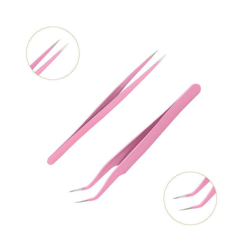 [Australia] - Bhbuy Professional Stainless Steel 2PCS Pink Straight + Bend Tweezer For Eyelash Extensions Nail Art Nippers 