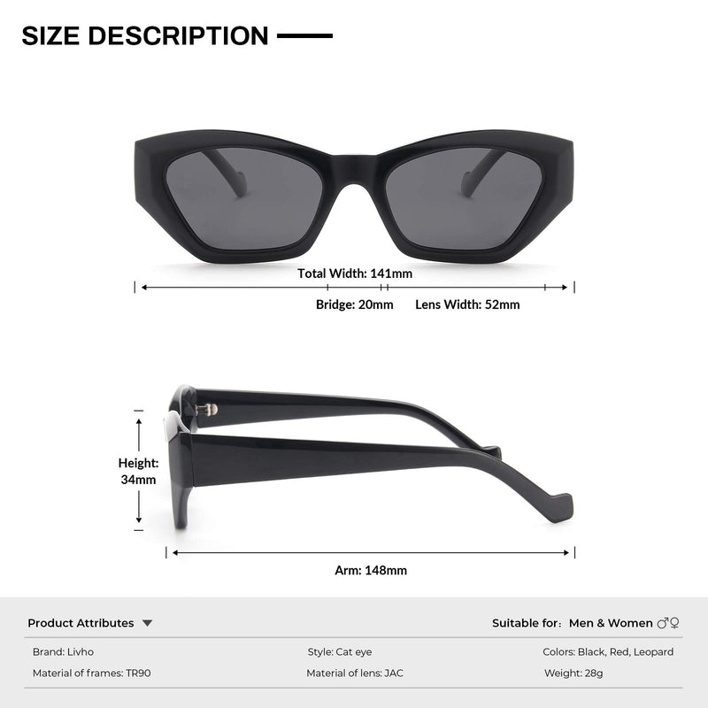 [Australia] - Livho Polarized Cat Eye Sunglasses for Women Men, Retro Fashion Sun Glare Glasses-UV Protection Bright Black 