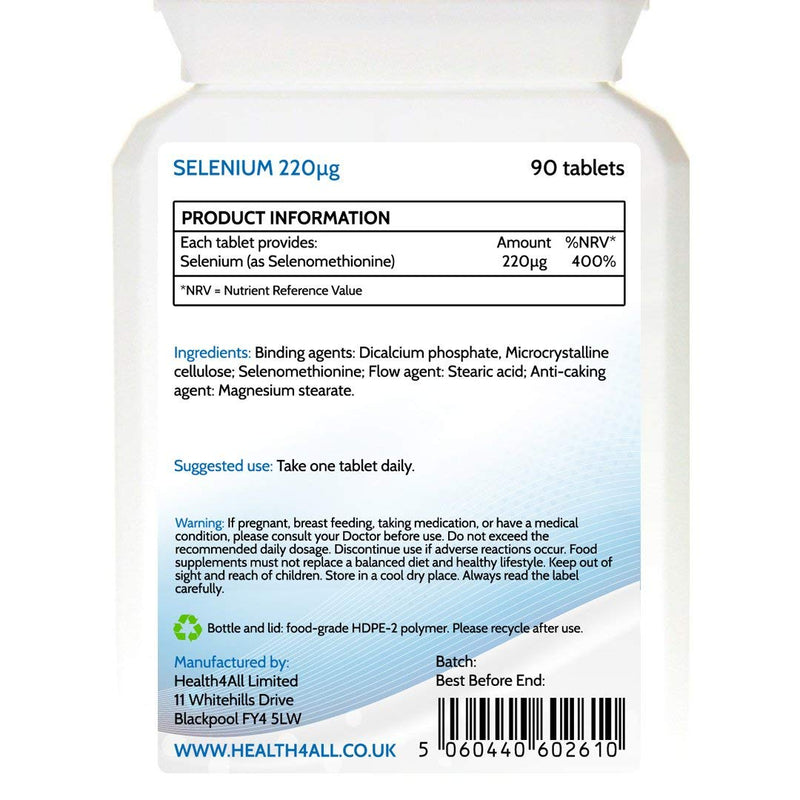 [Australia] - Selenium 220mcg 90 Tablets Tablets (not Capsules). High Strength Selenomethionine. Free from Yeast. Vegan. Made in The UK by Health4All 90 Count (Pack of 1) 