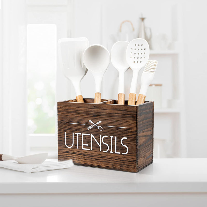 [Australia] - PUERSI Wooden Kitchen Utensil Holder, Utensil Organizer for Countertop, Rustic Wood for Farmhouse Kitchen Decor, Farmhouse Utensil Caddy with 2 Compartments (Brown) 