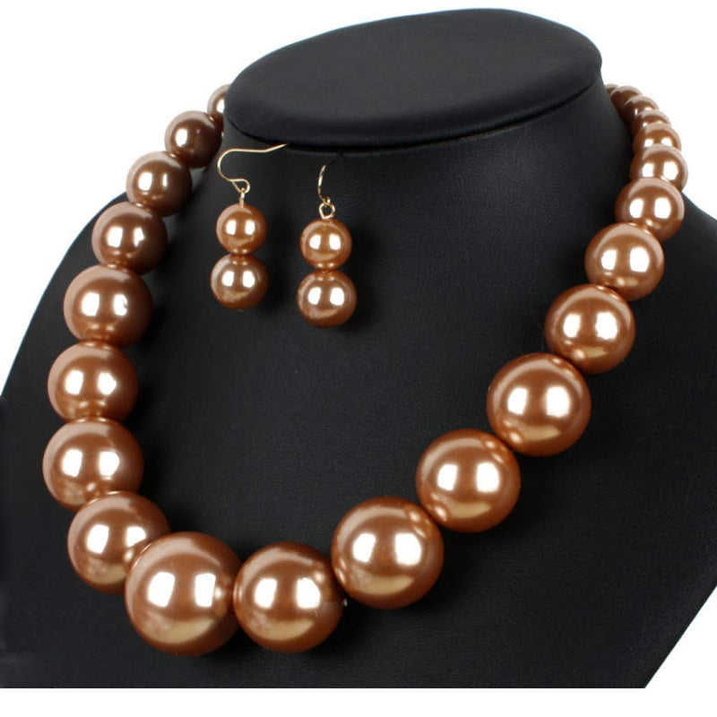 [Australia] - HSQYJ Simple Large Big Simulated Pearl Statement Necklace Earring Set Faux Big Pearl Choker Drop Dangle Hook Earring Fashion Costume Jewelry for Girl Women Lady Brown 