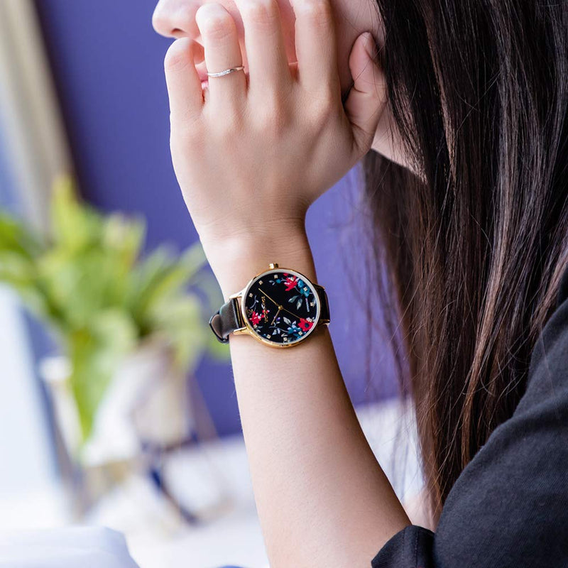 [Australia] - VICTORIA HYDE Fashion Elegant Floral Dial Watch for Women Quartz Genuine Leather Strap Wristwatch Mother's Day Gifts Black 
