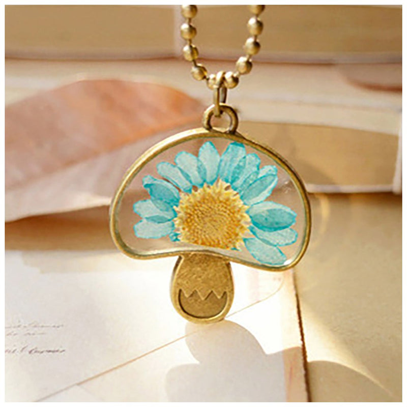 [Australia] - MIXIA Cute Natural Real Sunflower Long Chain Vintage Bead Chain Mushroom Shaped Dried Flower Pendant Necklace 
