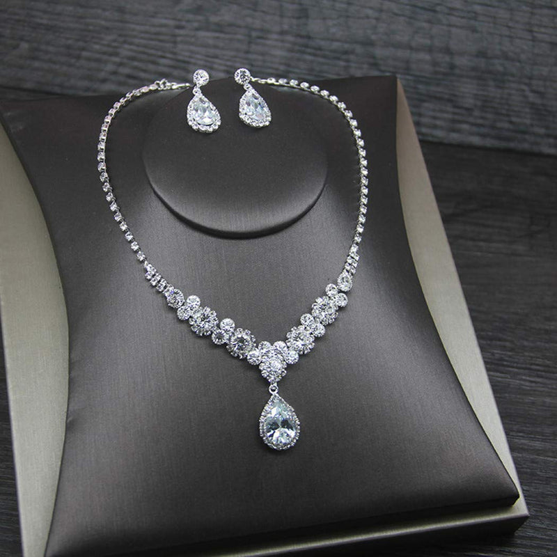 [Australia] - COCIDE Bride Wedding Jewelry Set for Women Silver Crystal Pendant Necklace Earring Set Bridal Rhinestone Teardrop Neck Accessories for Bridesmaids (Set of 3) 1SILVER 