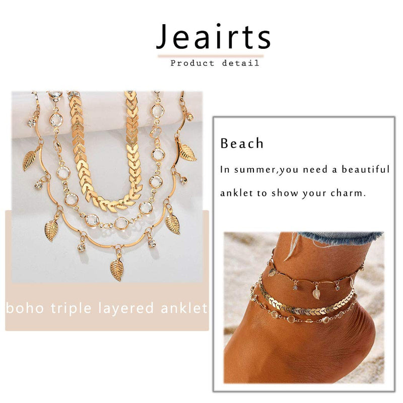 [Australia] - Jeairts Boho Leaves Pendant Anklet Gold Crystal Triple Layered Anklets Bracelets Fish Bone Beach Foot Chain Jewelry for Women and Girls 