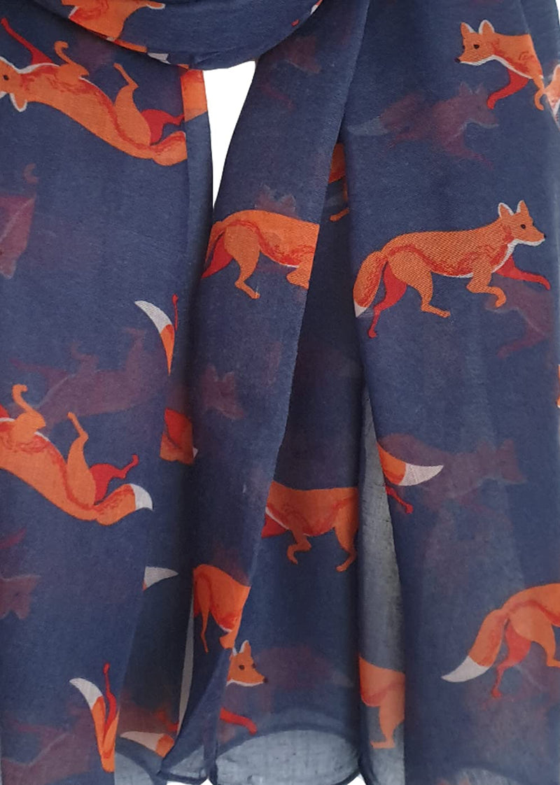 [Australia] - GlamLondon Fox Print Scarf Large Size Fashionable Cute Foxes Animal Printed Women Wrap Navy Blue 