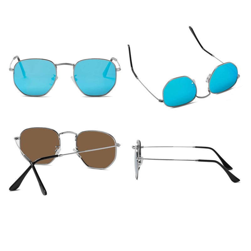 [Australia] - Hipster Hexagonal Polarized Sunglasses Men Women Geometric Square Small Vintage Metal Frame Retro Shade Glasses Blue Lens/Silver Frame 
