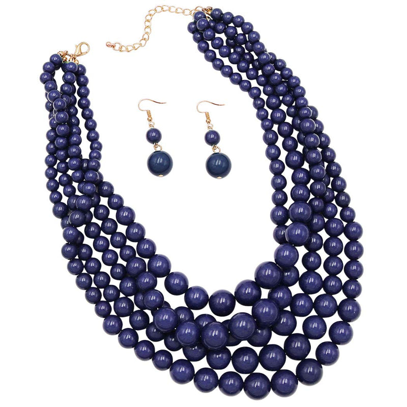 [Australia] - Rosemarie & Jubalee Women's Multi Strand Simulated Pearl Bib Necklace and Earrings Jewelry Set, 16"-19" with 3" Extender Navy Blue 
