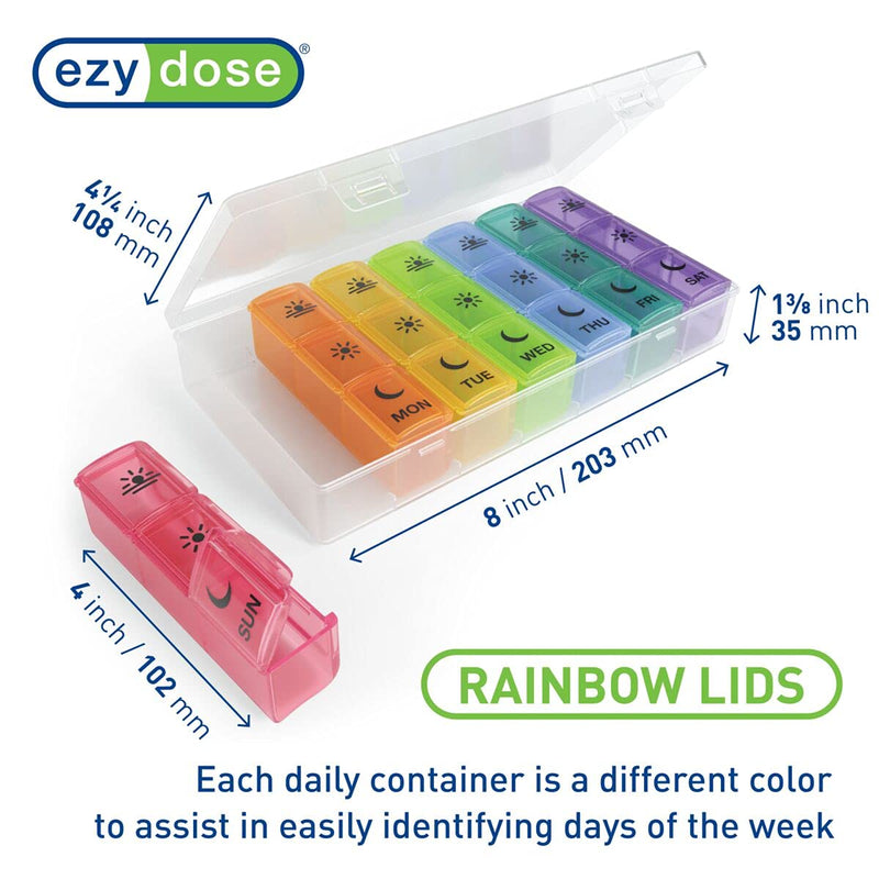 [Australia] - EZY DOSE Travel Weekly (7-Day) Pill Box, Vitamin and Medicine Organiser, Large Compartments, 3 Times a Day, Rainbow Lids Pill Organizer Single 