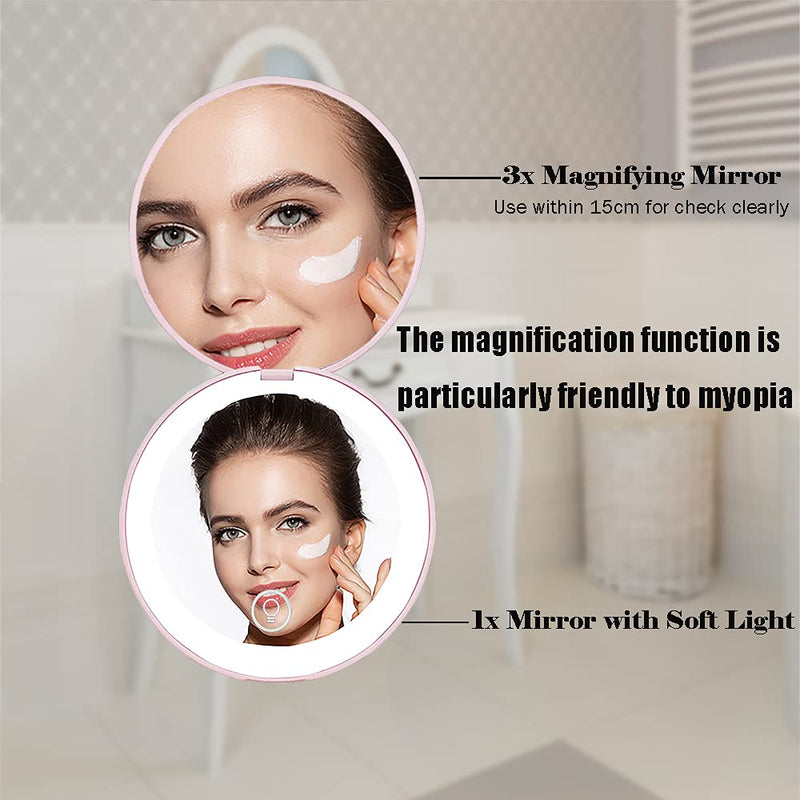 [Australia] - LED-Compact-Mirror, Rechargeable-Pocket-Mirror with Magnetic Switch, Small-Travel-Makeup-Mirror for Handbag/Purse, 1X/3X Magnifying Mirror, Infinite Brightness Levels, Pink 