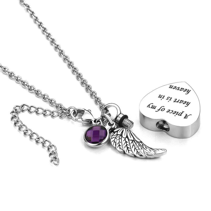 [Australia] - LoEnMe Jewelry Urn Necklace for Ashes Cremation Pendant Love Heart Birthstone Vintage Wing Engraved Keepsake February Birthstone Dark Purple 