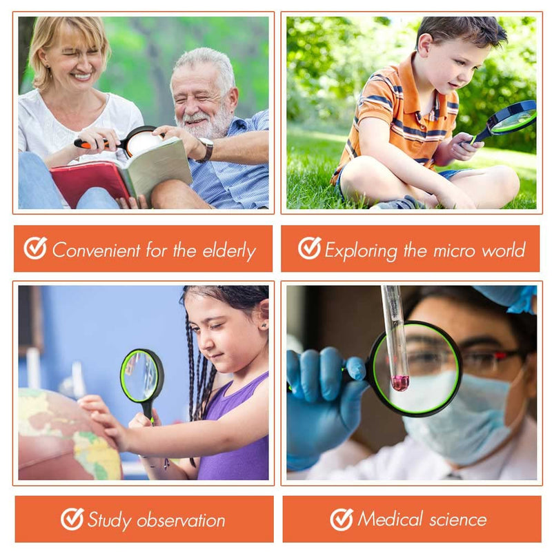 [Australia] - Leffis 2 Pack 10X Magnifying Glass for Seniors & Kids, Non-Slip Handheld Magnifier for Reading, 75mm Magnify Glasses Lens for Close Work, Science and Hobby Observation（Green and Orange 2 Pack(green/Orange) 