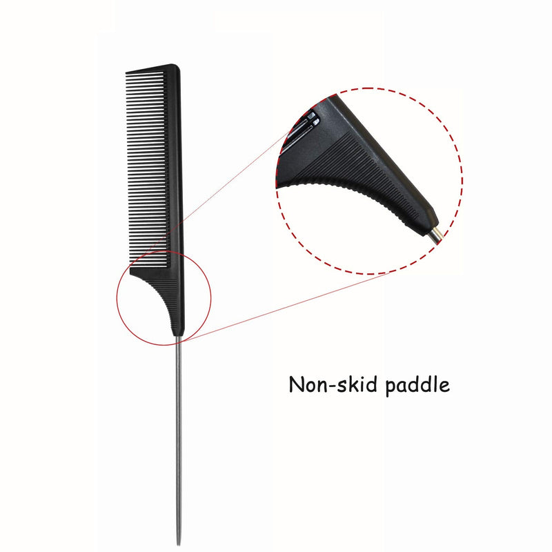 [Australia] - Hair Comb - a Professional Anti-static Carbon Fibre Metal-Pin Tail Comb,Heat Resistant Barber and Salon Rattail Comb with Non-skid Paddle Parting Comb,Fine Tooth in Black 