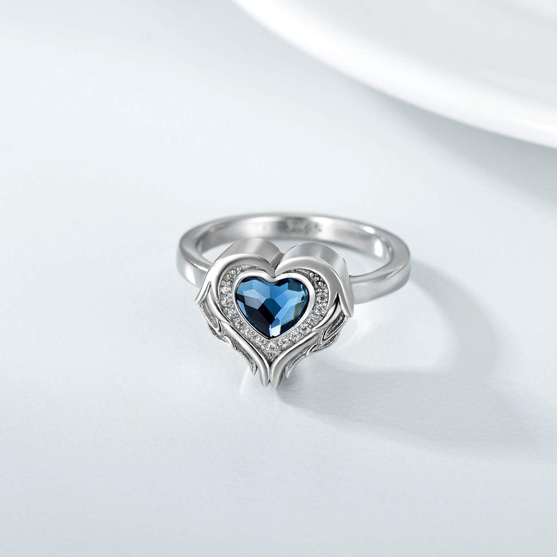 [Australia] - AOBOCO 925 Sterling Silver Angel Wings Heart Cremation Ring Holds Loved Ones Ashes, Heart Urn Ring for Ashes for Women, Memorial Keepsake Ring Embellished with Crystals from Austria Blue 6 