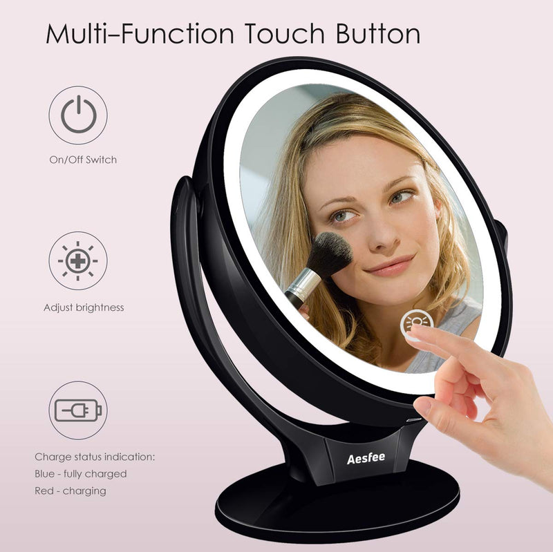 [Australia] - Aesfee LED Lighted Makeup Vanity Mirror Rechargeable,1x/7x Magnification Double Sided 360 Degree Swivel Magnifying Mirror with Dimmable Touch Screen, Portable Tabletop Illuminated Mirrors - Black 