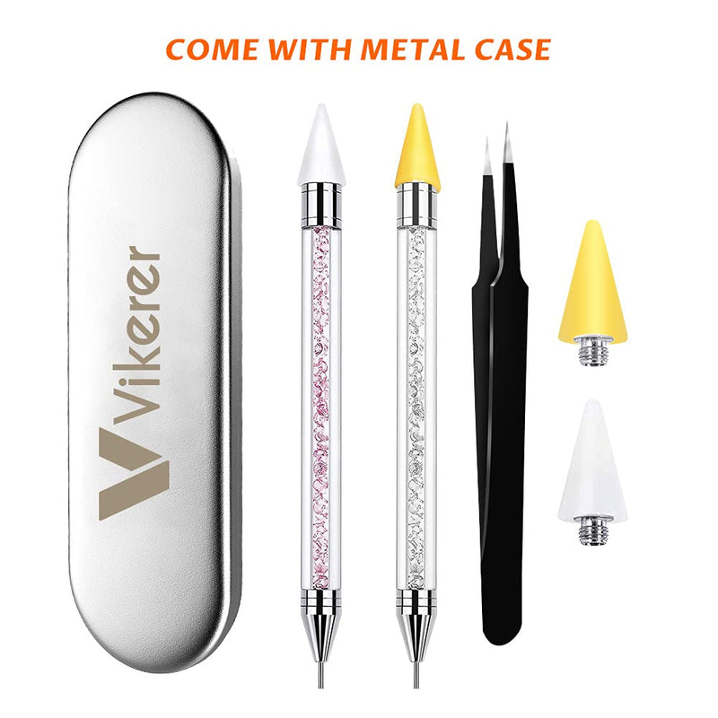 [Australia] - Vikerer 2 Pack Rhinestone Picker, Diamond Painting Dotting Pen Dual-end Rhinestones Pickup Tool for Nail Gems Stones Crystals DIY Nail Art Crafts with 2 Extra Tips and 1X Tweezer White Pink 
