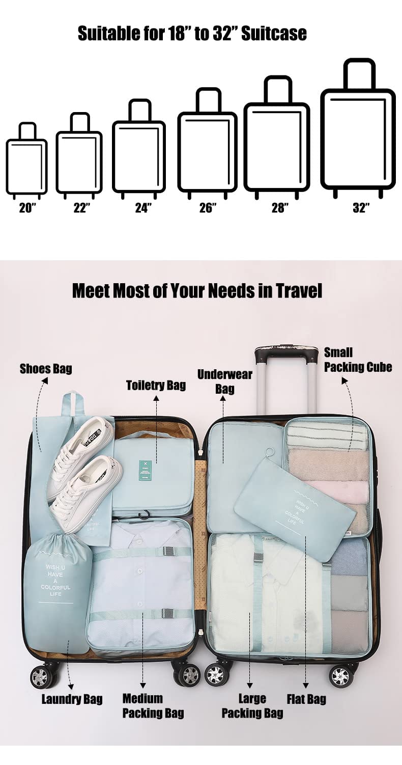 [Australia] - 8 pcs Packing Cubes Set, Travel Luggage Organizer Storage Bags Suitcase Packing Cases Including Updated Toiletry Bag, Laundry Bag & Shoes Bag (Grey) Grey 