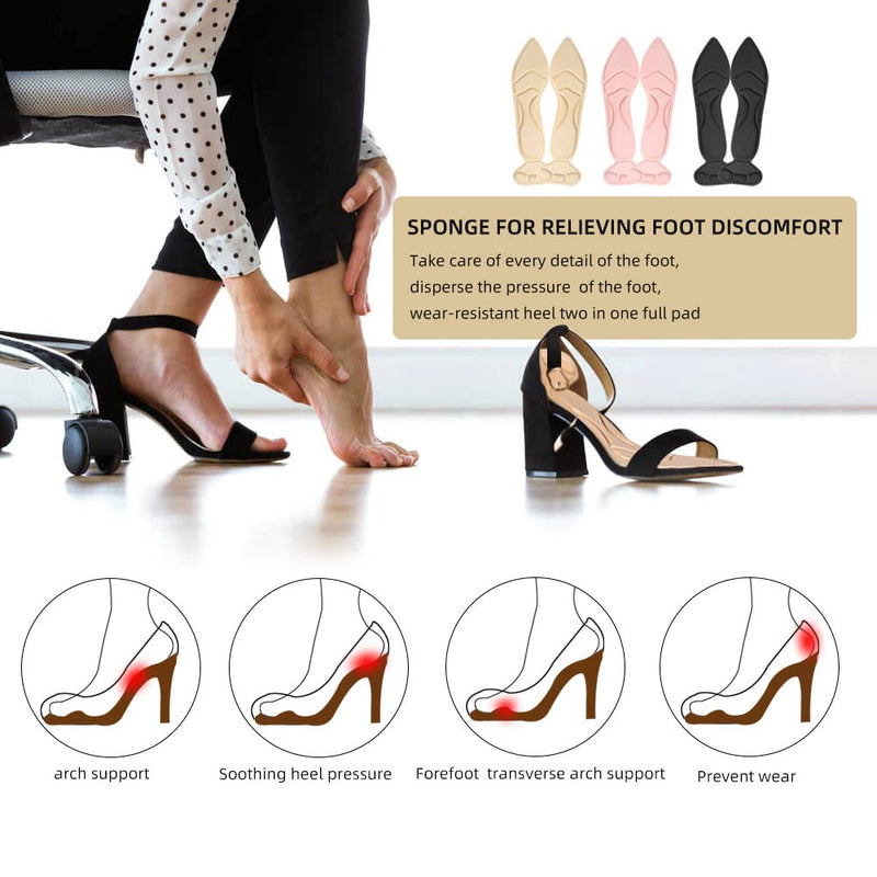 [Australia] - 3 Pair Insoles, Breathable Sponge Insole, Heel Cushions with Heel Grip High Heel Shoe Insoles for Women Loose Shoes, Foot Pain, Metatarsal Pain, Arch Pain, Heel Sore & Heel Spurs Women's5-8(Tip) 