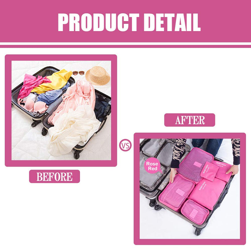 [Australia] - Teynewer 6PCS Travel Organiser Packing Bags Packing Cubes Set Durable Travel Luggage Organisers Suitcase Storage Bags Compression Pouches for Travel Accessories, Rose 