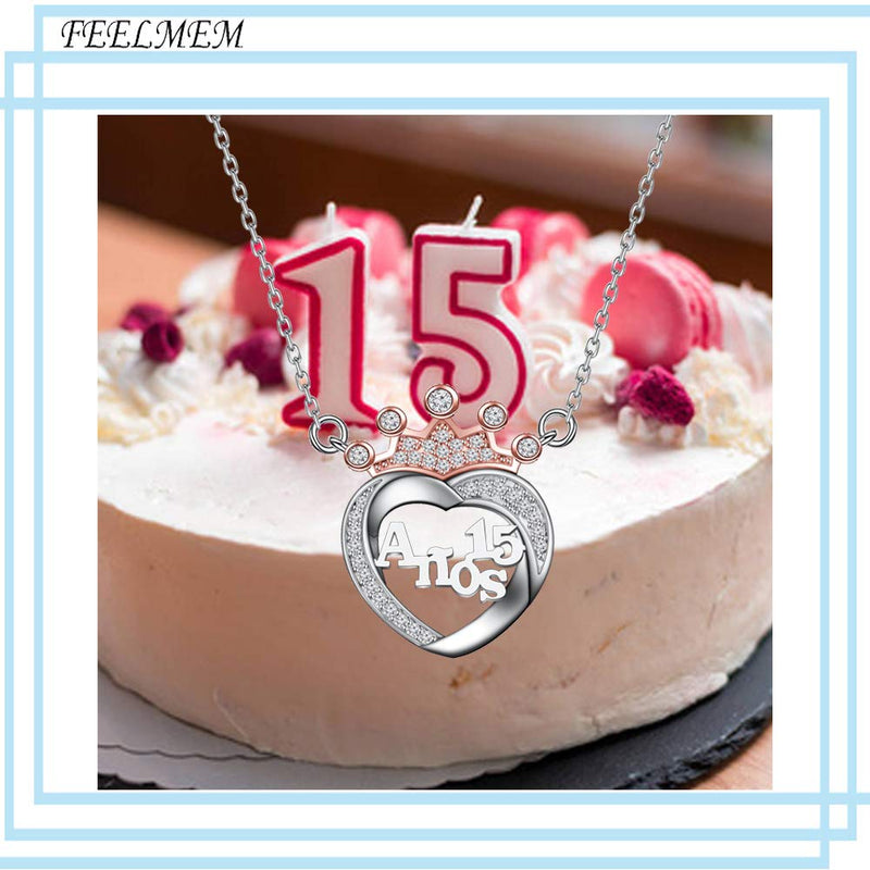 [Australia] - FEELMEM 15th Birthday Gift for Girl Crown Sweet 15 Anos Quinceanera Necklace Quince Jewelry Girls Sweet 15 Birthday Jewelry Fifteenth Gift silver 