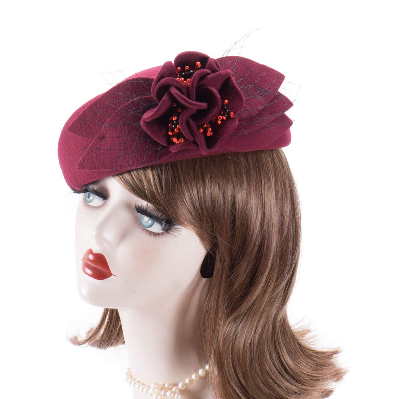 [Australia] - Lawliet Wine Red Women Fascinator Pillbox Felt Wool Hat Formal Dress Flower Veil A131 