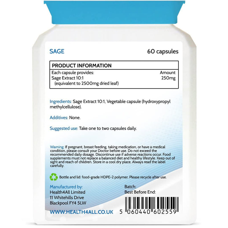 [Australia] - Sage Strong 2500mg 60 Capsules (V). Sage Leaf Extract for Hot Flushes, Night Sweats and Menopause Symptoms. Vegan. Made by Health4All 60 Count (Pack of 1) 