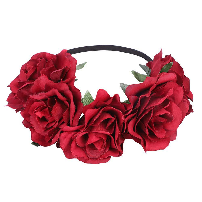 [Australia] - Floral Crown Headband Bridal Flower Garland Hairband Wedding Festival Rose Flower Hair Wreath Headpiece Boho Floral Crown Hair Accessories for Women Girls Festival Wedding Party Decoration Photography Red 