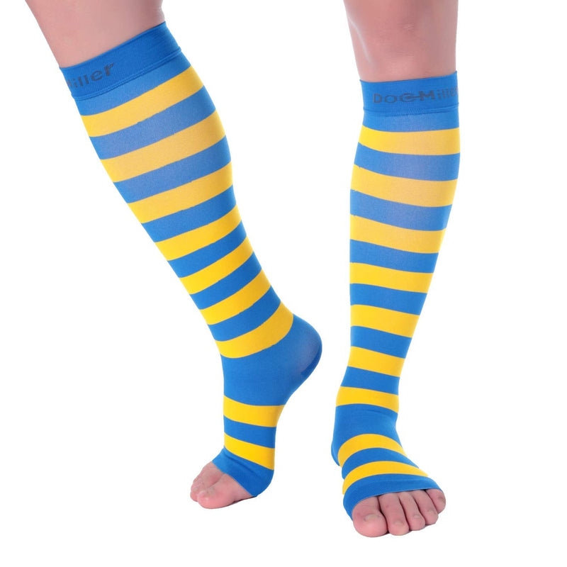 [Australia] - Doc Miller Open Toe Compression Socks for Women and Men 15-20mmHg, Shin Splints, Varicose Veins and Calf Injury Recovery Blue-yellow Small 