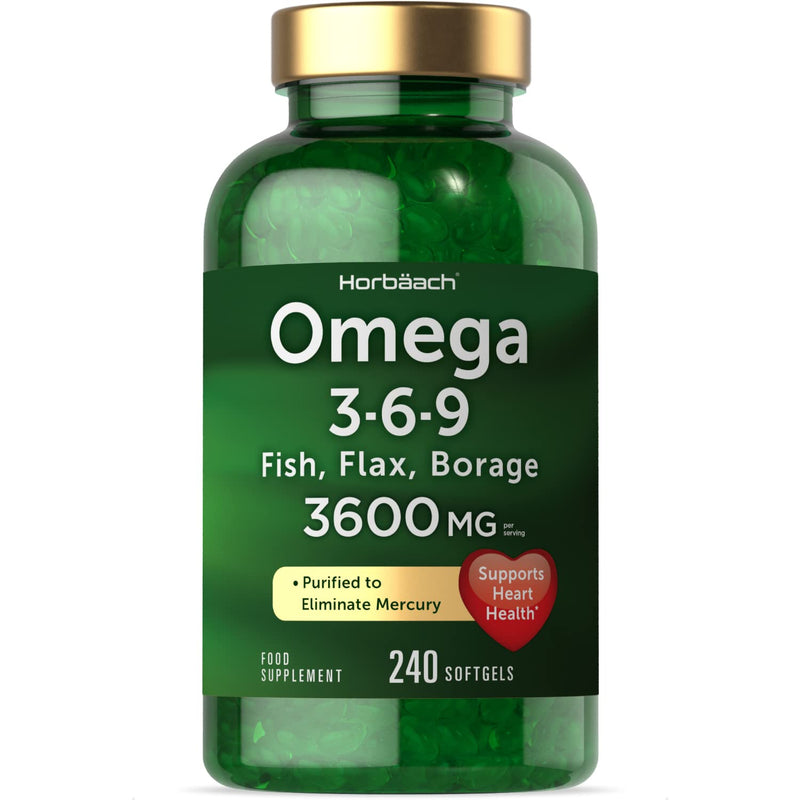 [Australia] - Triple Omega 3 6 9 | 3600mg | 240 Softgel Capsules | High Strength Supplement with EPA, DHA & ALA Essential Fatty Acids | Fish Oil, Flaxseed & Starflower Oil | by Horbaach 240 Count (Pack of 1) 