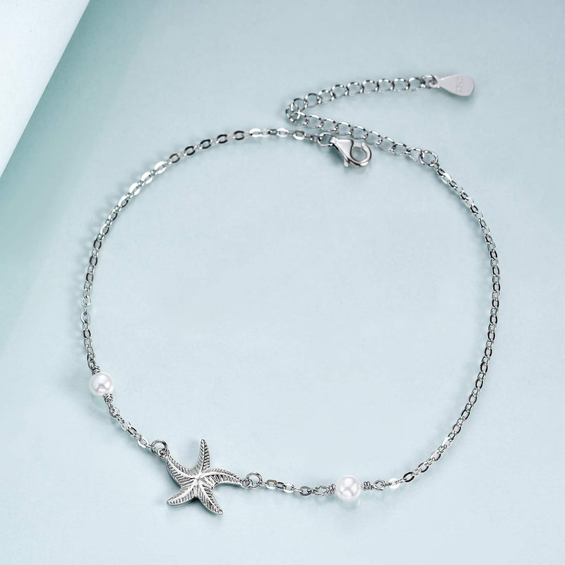 [Australia] - POPLYKE 925 Sterling Silver Infinity/Cross/Mermaid/Starfish/Pearl Anklet for Women Summer Jewelry B - Starfish Anklet 