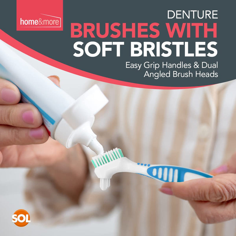 [Australia] - 2pk Denture Toothbrush | Denture Brush with Soft Bristles, Easy Grip Handle & Dual Angled Brush Heads for Cleaning Dentures | Retainer Brush for Cleaning Retainers 