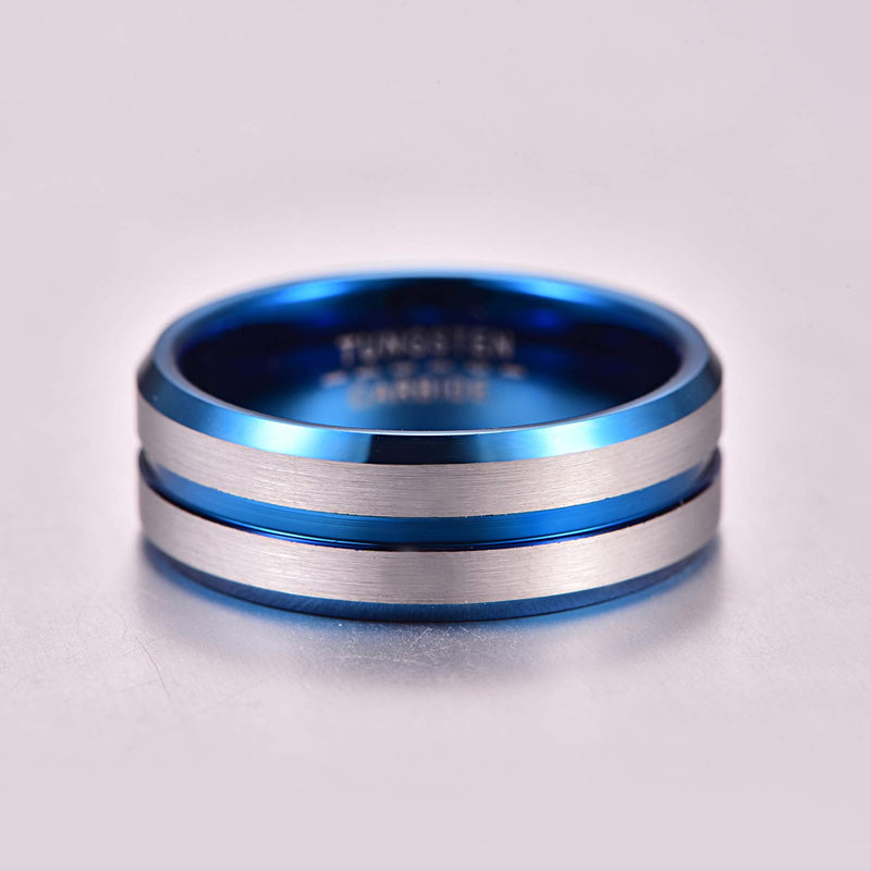 [Australia] - Merthus 8mm Men Wedding Band Blue Groove Tungsten Carbide Ring Comfort Fit Beveled Edge Silver 8 