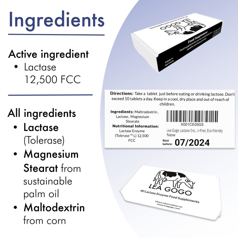 [Australia] - Lea Gogo Lactase Enzyme Tablets for Lactose Intolerance, 40 Tablets, High Strength 12,500 FCC, Eases Dairy Digestion & Minimizes Symptoms, Vegan & Gluten-Free, Eco-friendly 
