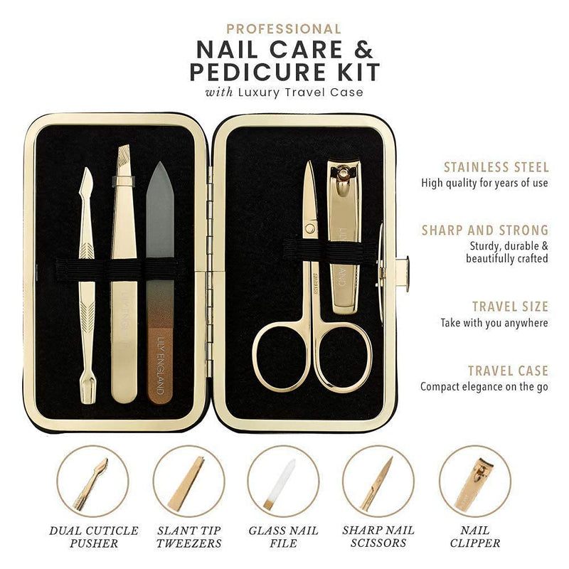 [Australia] - Manicure Set for Women & Girls, Professional Stainless Steel Nail Kit & Pedicure Kit with Luxury Travel Case by Lily England (Black & Gold) Black 